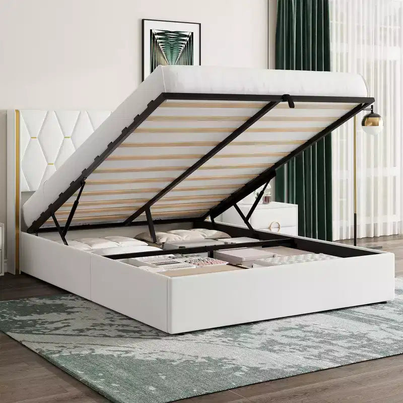 Letto contenitore in velluto con testiera ad ali, vano portaoggetti idraulico e doghe in legno