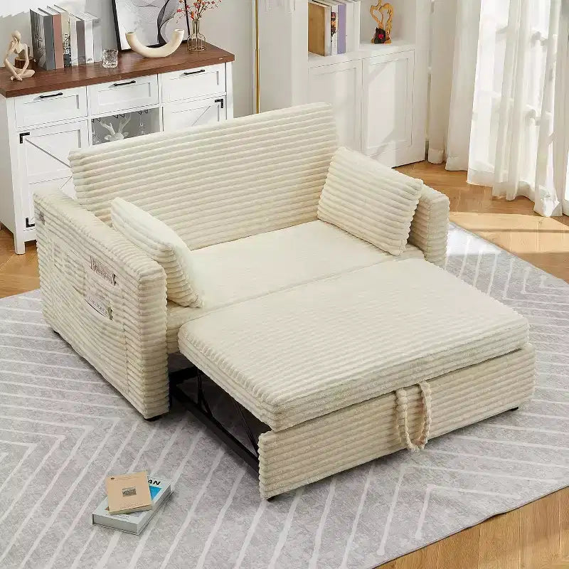 Divano Letto Loveseat, Divano Letto Estraibile con Porte di Ricarica e Tasche Laterali, Divano in Velluto a Coste con Schienale Regolabile per Soggiorno, Camera da Letto