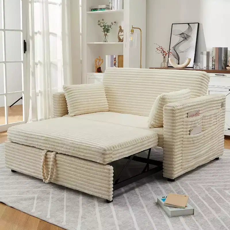 Divano Letto Loveseat, Divano Letto Estraibile con Porte di Ricarica e Tasche Laterali, Divano in Velluto a Coste con Schienale Regolabile per Soggiorno, Camera da Letto