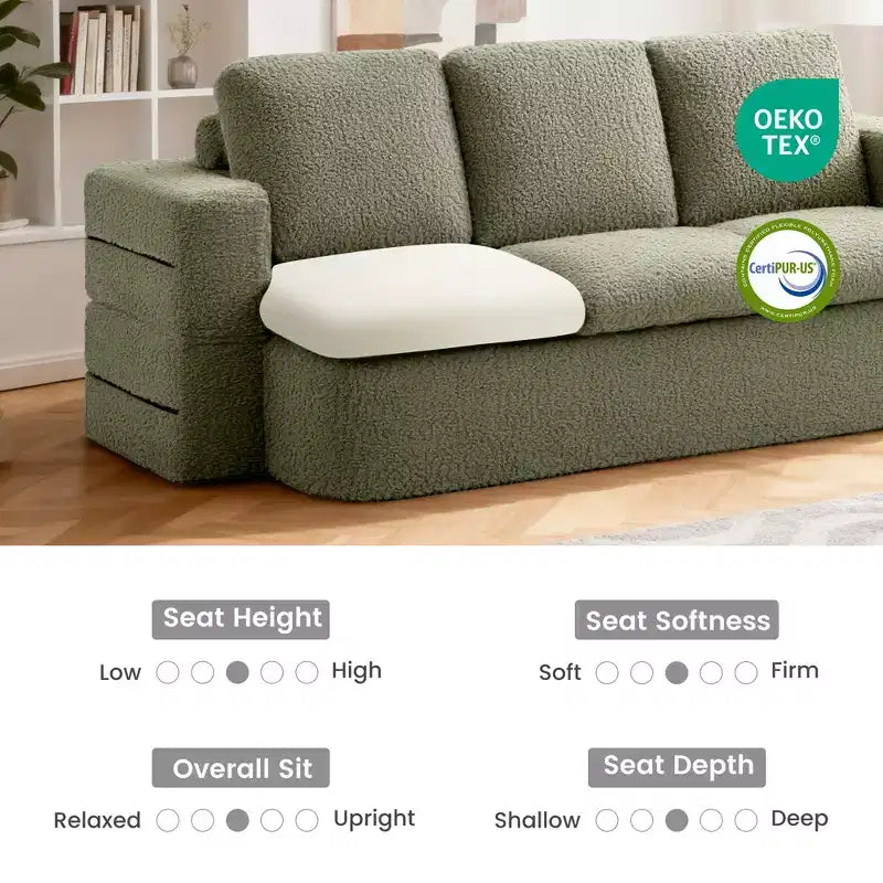 Divano Letto Pieghevole a 3 Posti, Divano con Cuscini in Memory Foam, Materasso in Schiuma ad Alta Densità per Soggiorno, Verde Menta