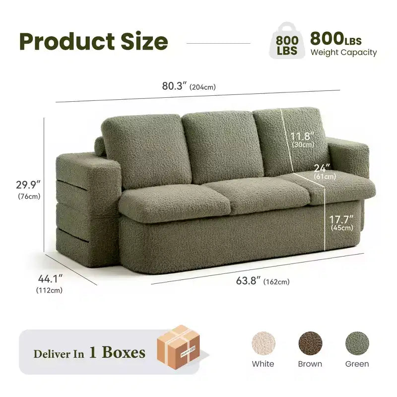 Divano Letto Pieghevole a 3 Posti, Divano con Cuscini in Memory Foam, Materasso in Schiuma ad Alta Densità per Soggiorno, Verde Menta