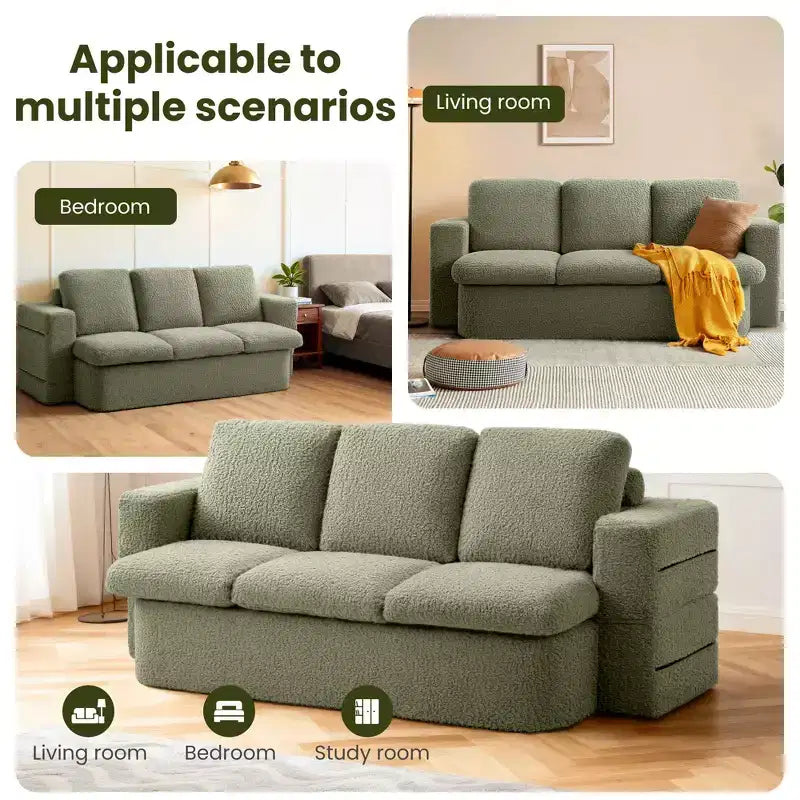 Divano Letto Pieghevole a 3 Posti, Divano con Cuscini in Memory Foam, Materasso in Schiuma ad Alta Densità per Soggiorno, Verde Menta