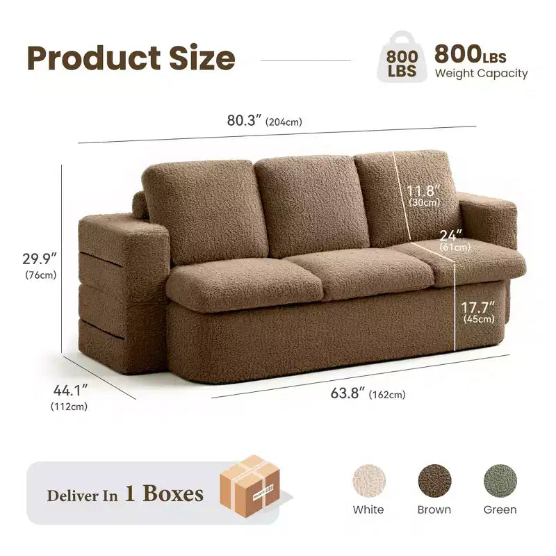 Divano Letto Pieghevole 3 Posti, Divano Letto in Memory Foam con Cuscini, Materasso in Schiuma ad Alta Densità per Soggiorno, Marrone