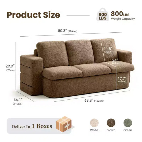Divano Letto Pieghevole 3 Posti, Divano Letto in Memory Foam con Cuscini, Materasso in Schiuma ad Alta Densità per Soggiorno, Marrone