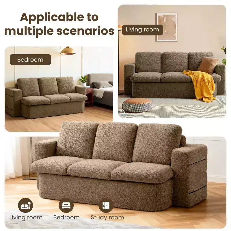 Divano Letto Pieghevole 3 Posti, Divano Letto in Memory Foam con Cuscini, Materasso in Schiuma ad Alta Densità per Soggiorno, Marrone