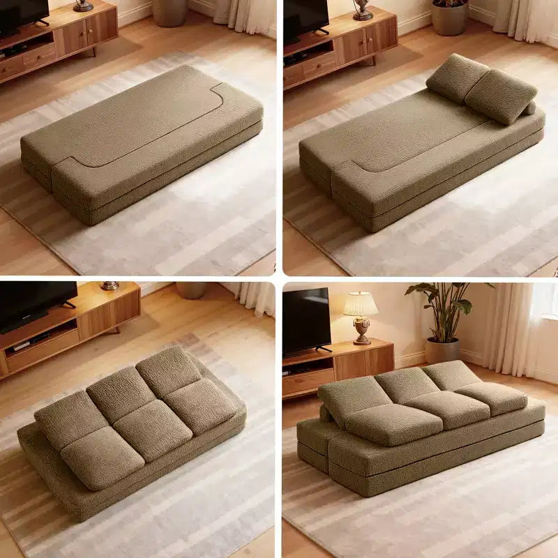 Divano Letto Pieghevole 3 Posti, Divano Letto in Memory Foam con Cuscini, Materasso in Schiuma ad Alta Densità per Soggiorno, Marrone