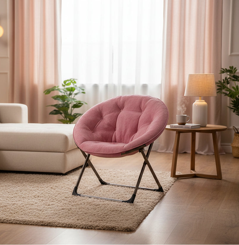 Coolmee Saucer Chair, Comfy Chair Faux Fur Lounge Moon Chair with Folding Metal Frame, Plush Flower Accent Seat for Bedroom, Dorm or Living Room