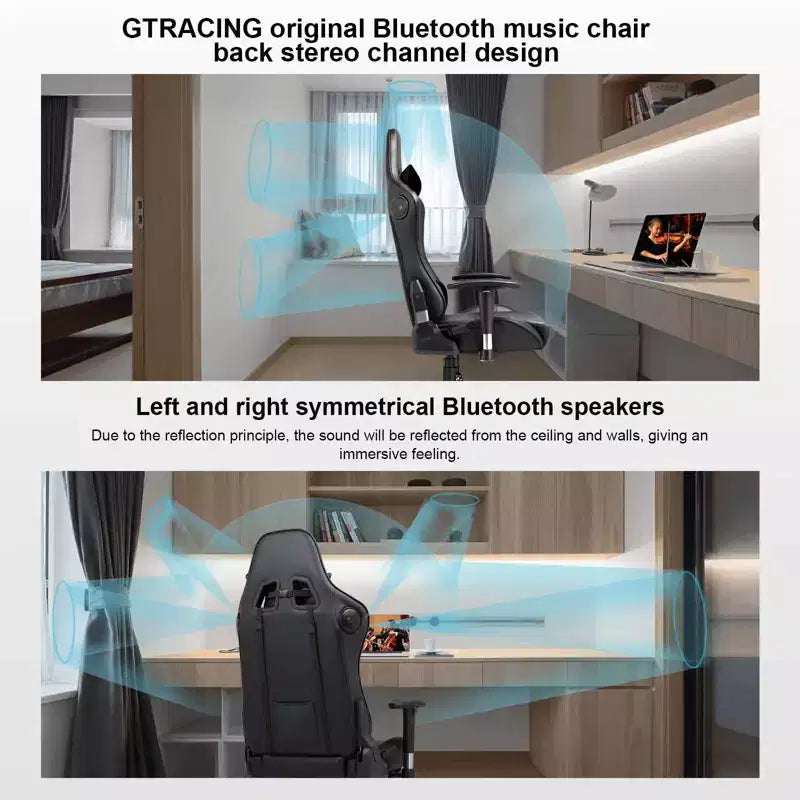 Sedia da gaming con altoparlanti Bluetooth, sedia da ufficio in PU con schienale alto, nera
