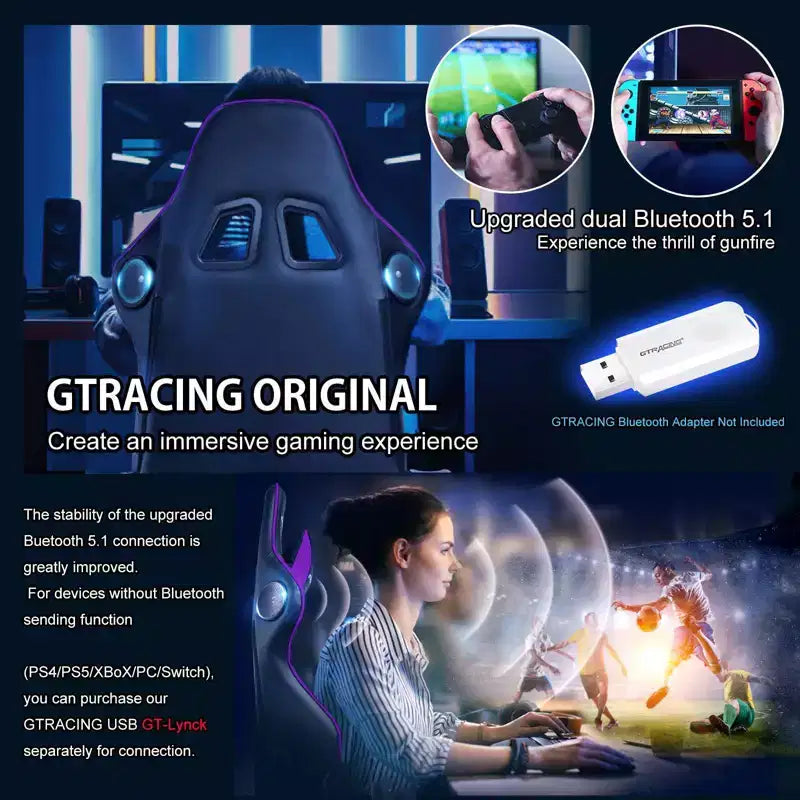 Sedia da gaming con altoparlanti Bluetooth, sedia da ufficio in PU con schienale alto, viola