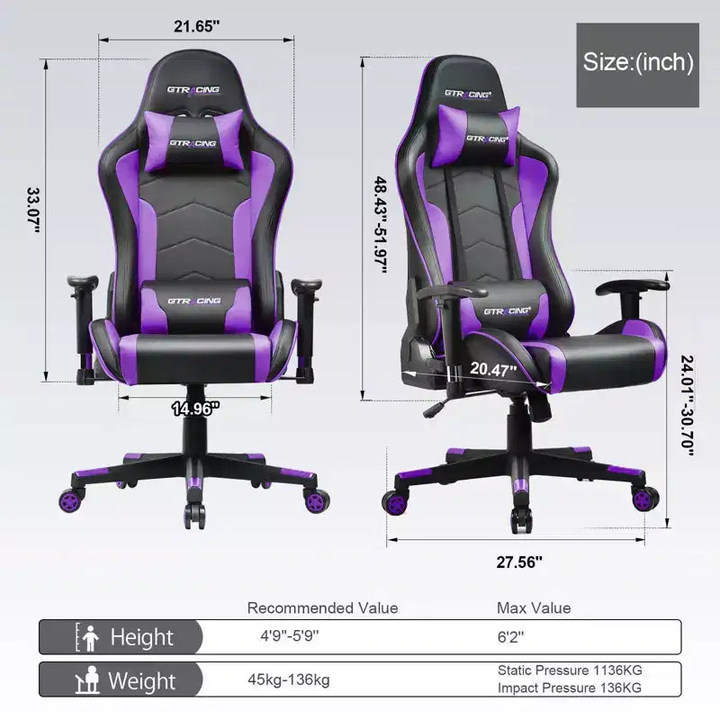 Sedia da gaming con altoparlanti Bluetooth, sedia da ufficio in PU con schienale alto, viola
